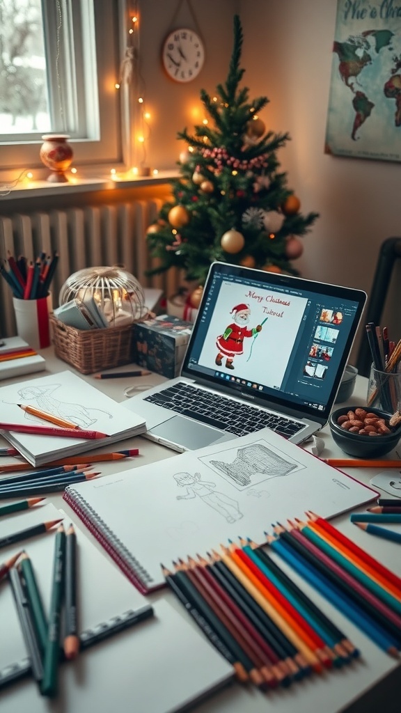 Art supplies and a laptop with a Christmas drawing tutorial in a festive workspace.
